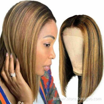BIS Wholesale Ombre Human Hair Wigs 4x4 Straight 150 Density Brazilian Hair Wig 4/27 Highlight Color Short Bob Human Hair Wig